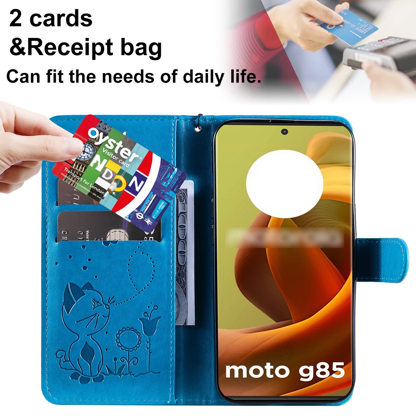 For Motorola Moto G85 Cat and Bee Embossed Flip Leather Phone Case Wallet Cover with Card Slots Cash Pocket Magnetic Stand Protective Shockproof TPU PU Leather Case with Wrist Strap