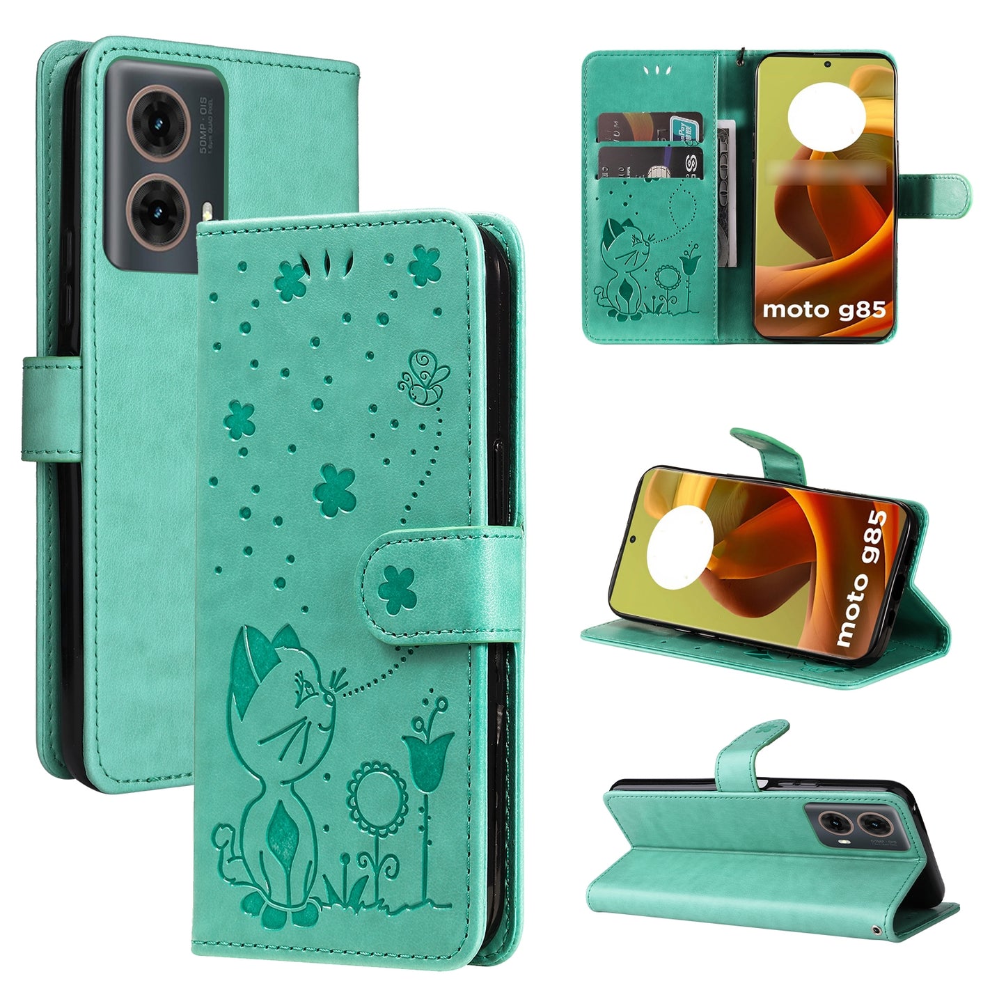 For Motorola Moto G85 Cat and Bee Embossed Flip Leather Phone Case Wallet Cover with Card Slots Cash Pocket Magnetic Stand Protective Shockproof TPU PU Leather Case with Wrist Strap