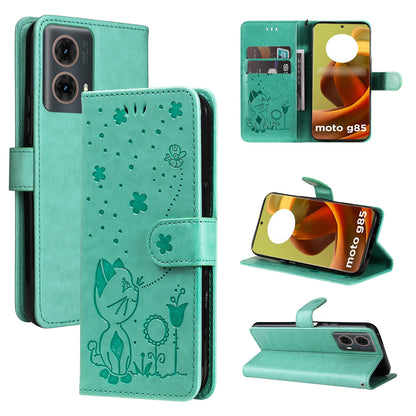 For Motorola Moto G85 Cat and Bee Embossed Flip Leather Phone Case Wallet Cover with Card Slots Cash Pocket Magnetic Stand Protective Shockproof TPU PU Leather Case with Wrist Strap
