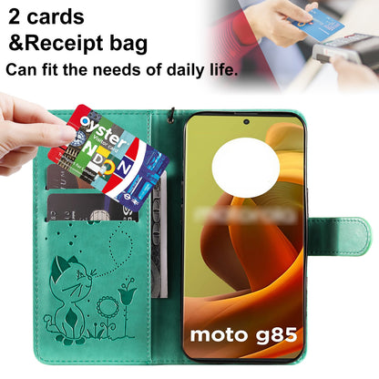 For Motorola Moto G85 Cat and Bee Embossed Flip Leather Phone Case Wallet Cover with Card Slots Cash Pocket Magnetic Stand Protective Shockproof TPU PU Leather Case with Wrist Strap