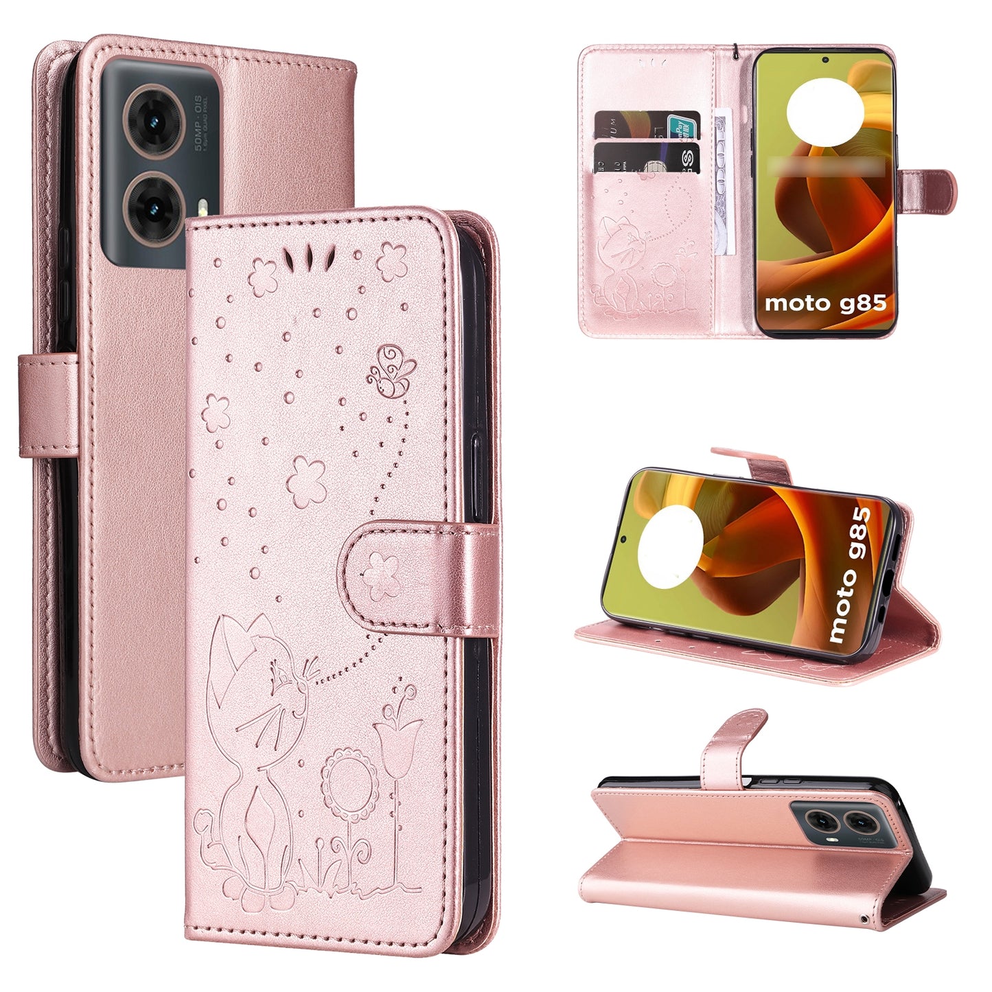 For Motorola Moto G85 Cat and Bee Embossed Flip Leather Phone Case Wallet Cover with Card Slots Cash Pocket Magnetic Stand Protective Shockproof TPU PU Leather Case with Wrist Strap