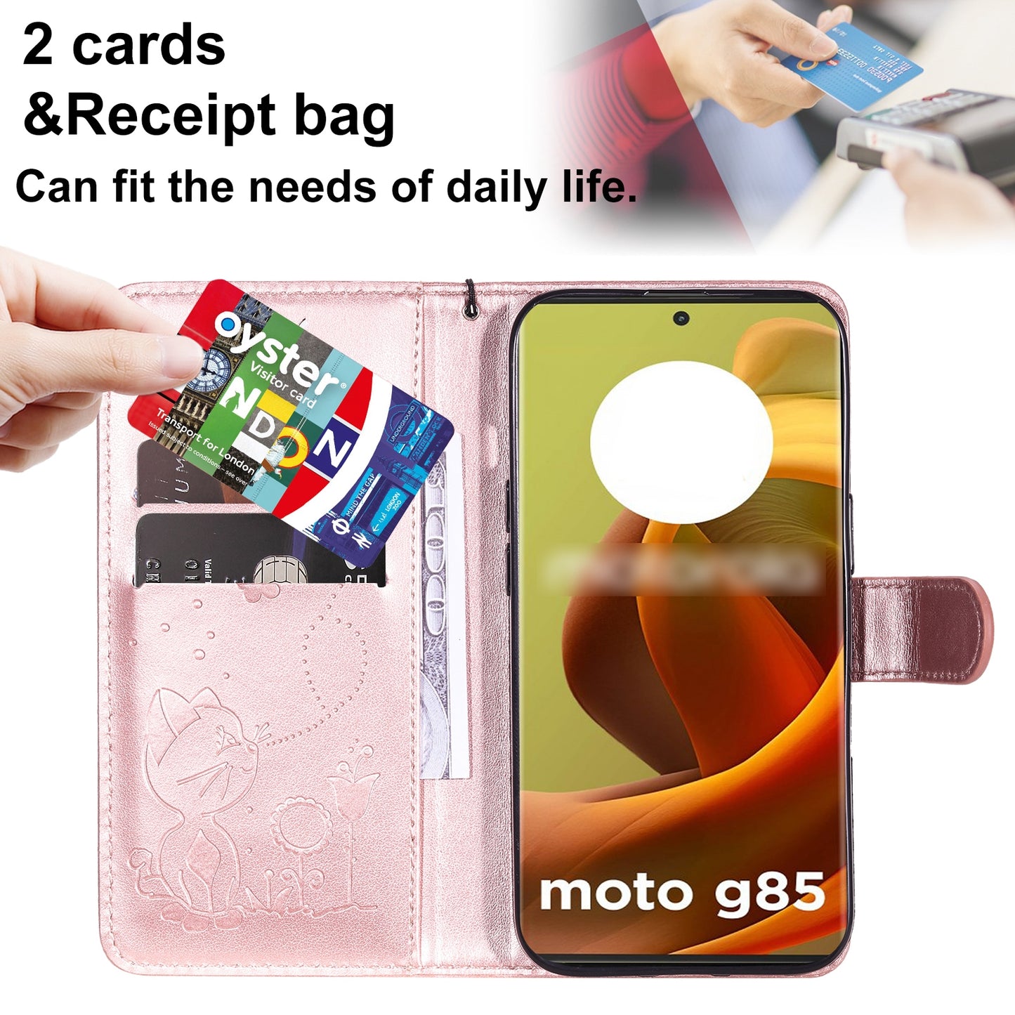 For Motorola Moto G85 Cat and Bee Embossed Flip Leather Phone Case Wallet Cover with Card Slots Cash Pocket Magnetic Stand Protective Shockproof TPU PU Leather Case with Wrist Strap