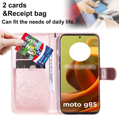 For Motorola Moto G85 Cat and Bee Embossed Flip Leather Phone Case Wallet Cover with Card Slots Cash Pocket Magnetic Stand Protective Shockproof TPU PU Leather Case with Wrist Strap