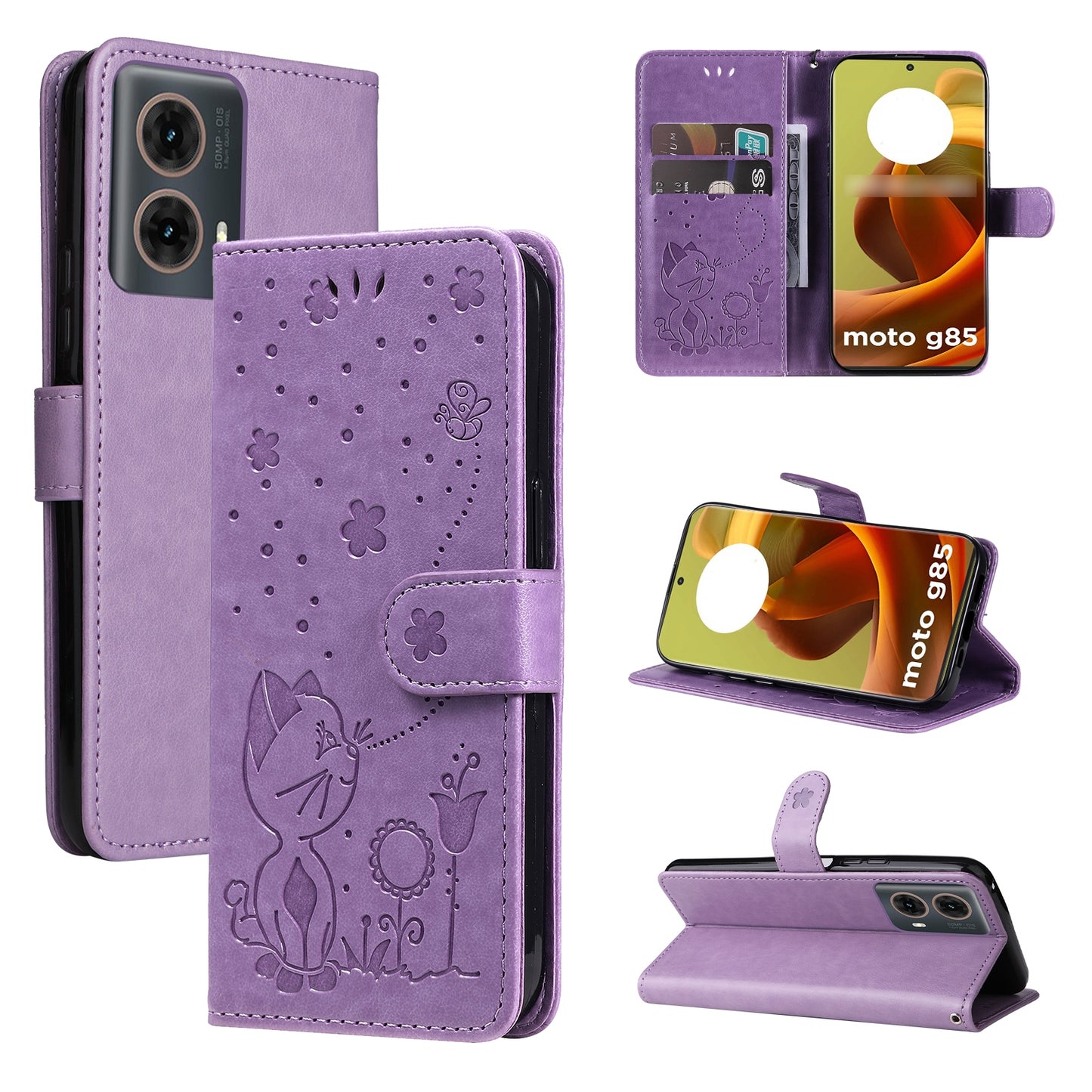 For Motorola Moto G85 Cat and Bee Embossed Flip Leather Phone Case Wallet Cover with Card Slots Cash Pocket Magnetic Stand Protective Shockproof TPU PU Leather Case with Wrist Strap
