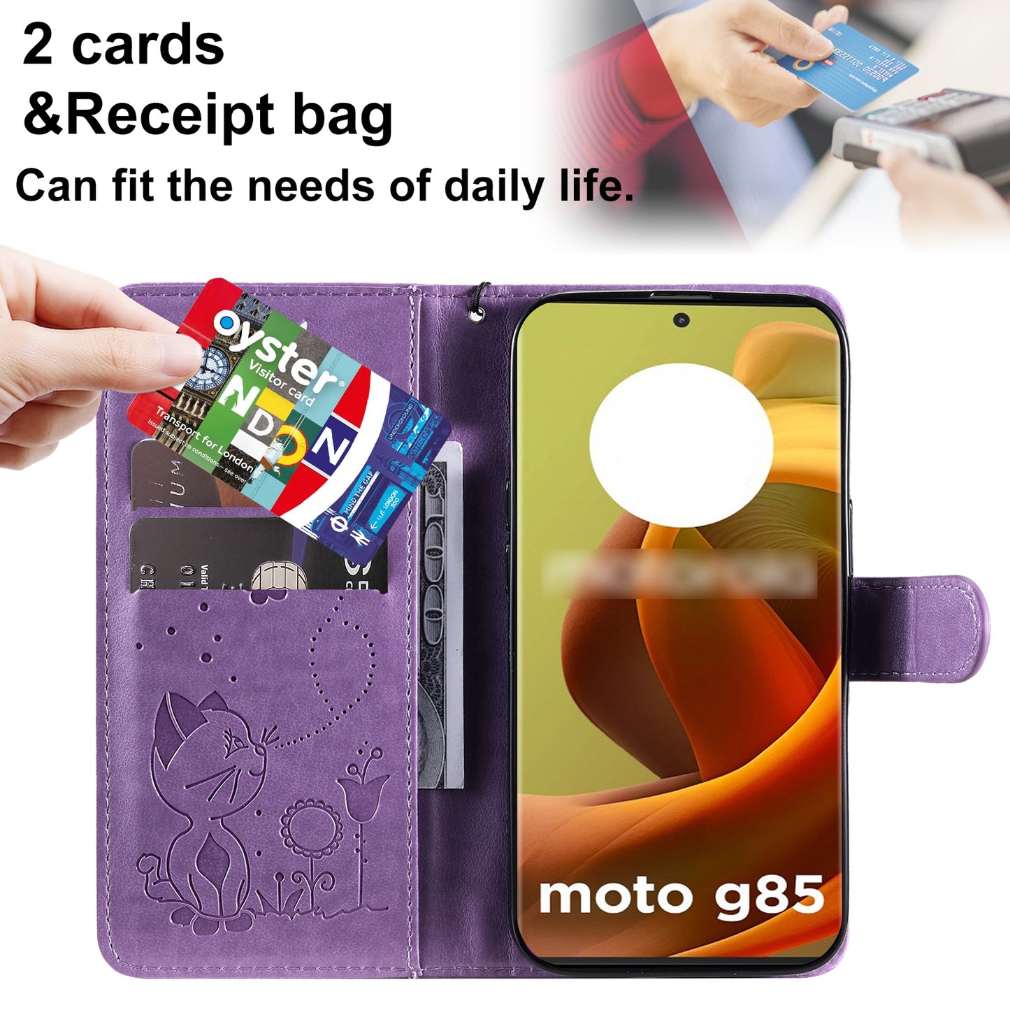 For Motorola Moto G85 Cat and Bee Embossed Flip Leather Phone Case Wallet Cover with Card Slots Cash Pocket Magnetic Stand Protective Shockproof TPU PU Leather Case with Wrist Strap
