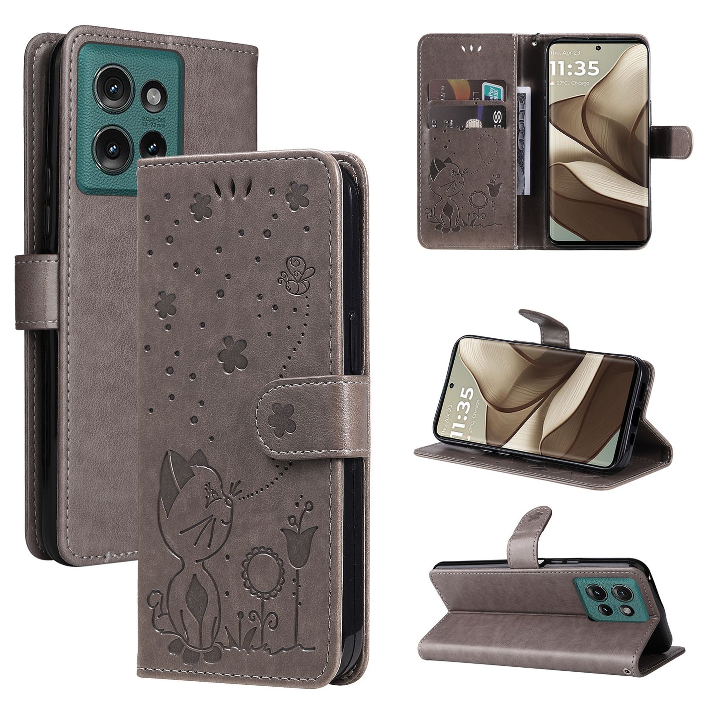 For Motorola Edge 50 5G Cat and Bee Embossed Flip Leather Phone Case Wallet Cover with Card Slots Cash Pocket Magnetic Stand Protective Shockproof TPU PU Leather Case with Wrist Strap