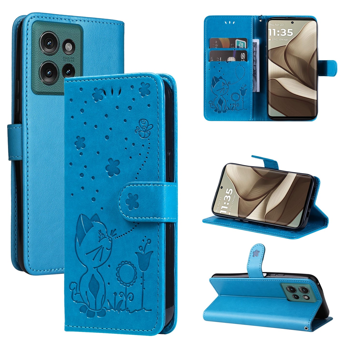 For Motorola Edge 50 5G Cat and Bee Embossed Flip Leather Phone Case Wallet Cover with Card Slots Cash Pocket Magnetic Stand Protective Shockproof TPU PU Leather Case with Wrist Strap