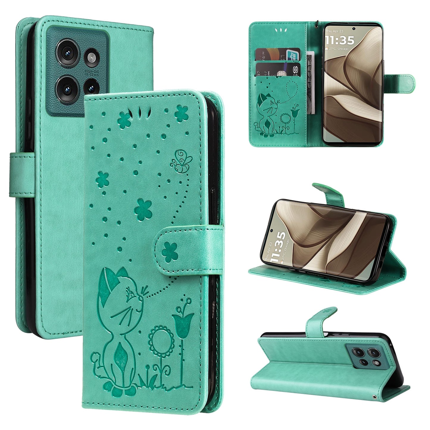 For Motorola Edge 50 5G Cat and Bee Embossed Flip Leather Phone Case Wallet Cover with Card Slots Cash Pocket Magnetic Stand Protective Shockproof TPU PU Leather Case with Wrist Strap