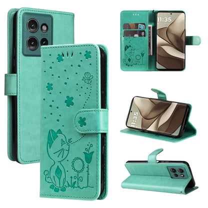 For Motorola Edge 50 5G Cat and Bee Embossed Flip Leather Phone Case Wallet Cover with Card Slots Cash Pocket Magnetic Stand Protective Shockproof TPU PU Leather Case with Wrist Strap