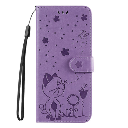 For Motorola Edge 50 5G Cat and Bee Embossed Flip Leather Phone Case Wallet Cover with Card Slots Cash Pocket Magnetic Stand Protective Shockproof TPU PU Leather Case with Wrist Strap