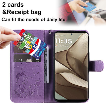 For Motorola Edge 50 5G Cat and Bee Embossed Flip Leather Phone Case Wallet Cover with Card Slots Cash Pocket Magnetic Stand Protective Shockproof TPU PU Leather Case with Wrist Strap