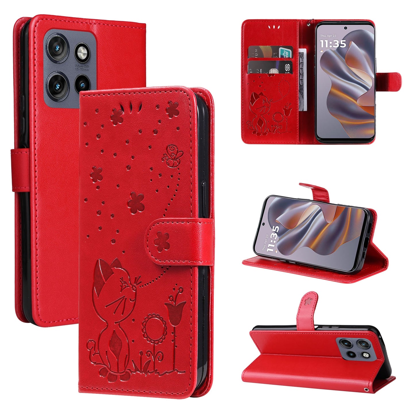 For Motorola Edge 50 Neo Cat and Bee Embossed Flip Leather Phone Case Wallet Cover with Card Slots Cash Pocket Magnetic Stand Protective Shockproof TPU PU Leather Case with Wrist Strap