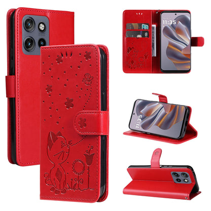 For Motorola Edge 50 Neo Cat and Bee Embossed Flip Leather Phone Case Wallet Cover with Card Slots Cash Pocket Magnetic Stand Protective Shockproof TPU PU Leather Case with Wrist Strap