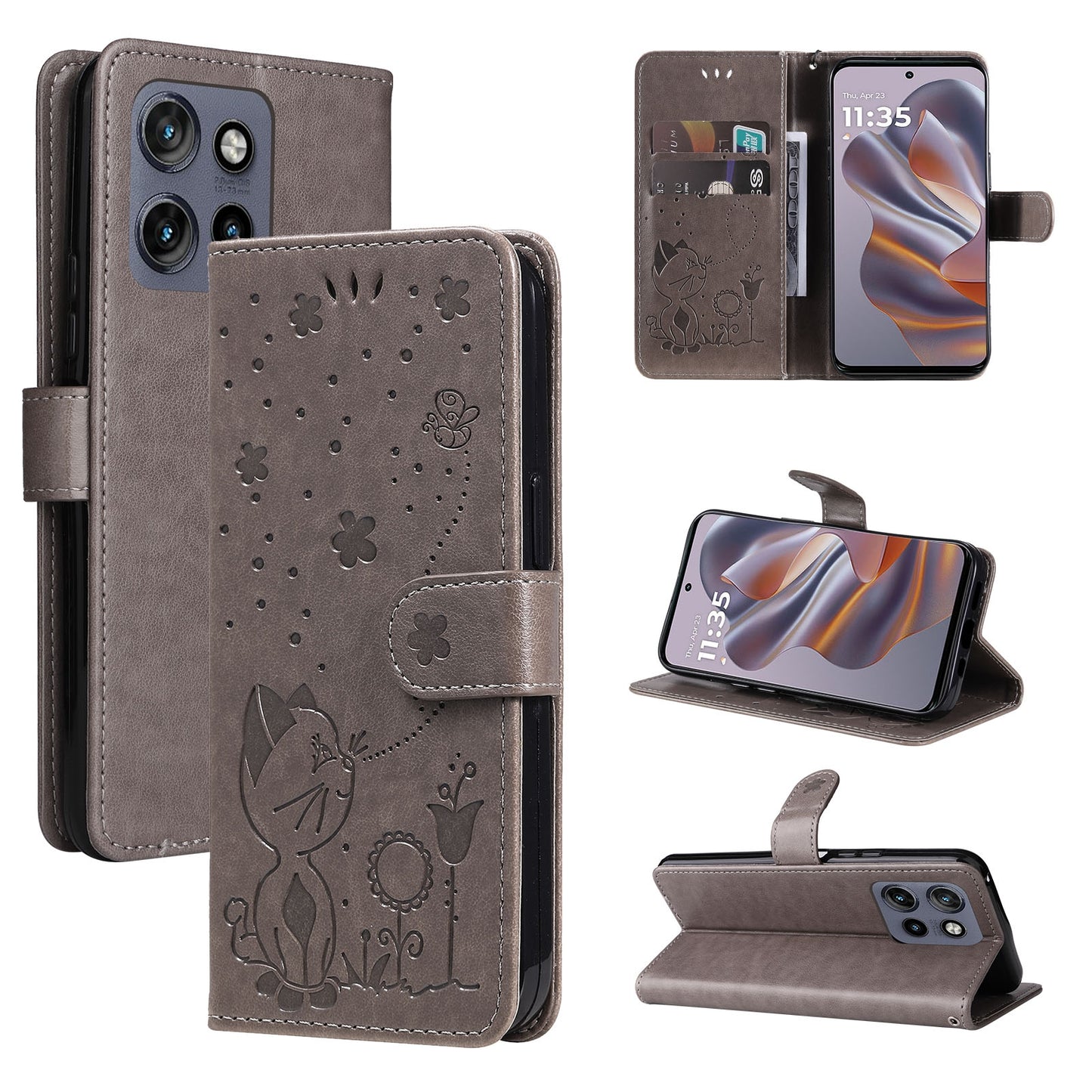 For Motorola Edge 50 Neo Cat and Bee Embossed Flip Leather Phone Case Wallet Cover with Card Slots Cash Pocket Magnetic Stand Protective Shockproof TPU PU Leather Case with Wrist Strap