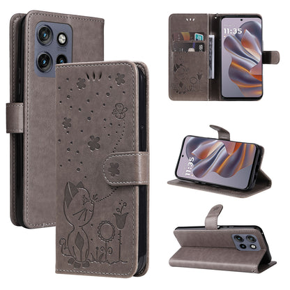 For Motorola Edge 50 Neo Cat and Bee Embossed Flip Leather Phone Case Wallet Cover with Card Slots Cash Pocket Magnetic Stand Protective Shockproof TPU PU Leather Case with Wrist Strap