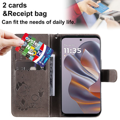For Motorola Edge 50 Neo Cat and Bee Embossed Flip Leather Phone Case Wallet Cover with Card Slots Cash Pocket Magnetic Stand Protective Shockproof TPU PU Leather Case with Wrist Strap