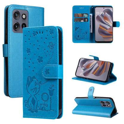 For Motorola Edge 50 Neo Cat and Bee Embossed Flip Leather Phone Case Wallet Cover with Card Slots Cash Pocket Magnetic Stand Protective Shockproof TPU PU Leather Case with Wrist Strap