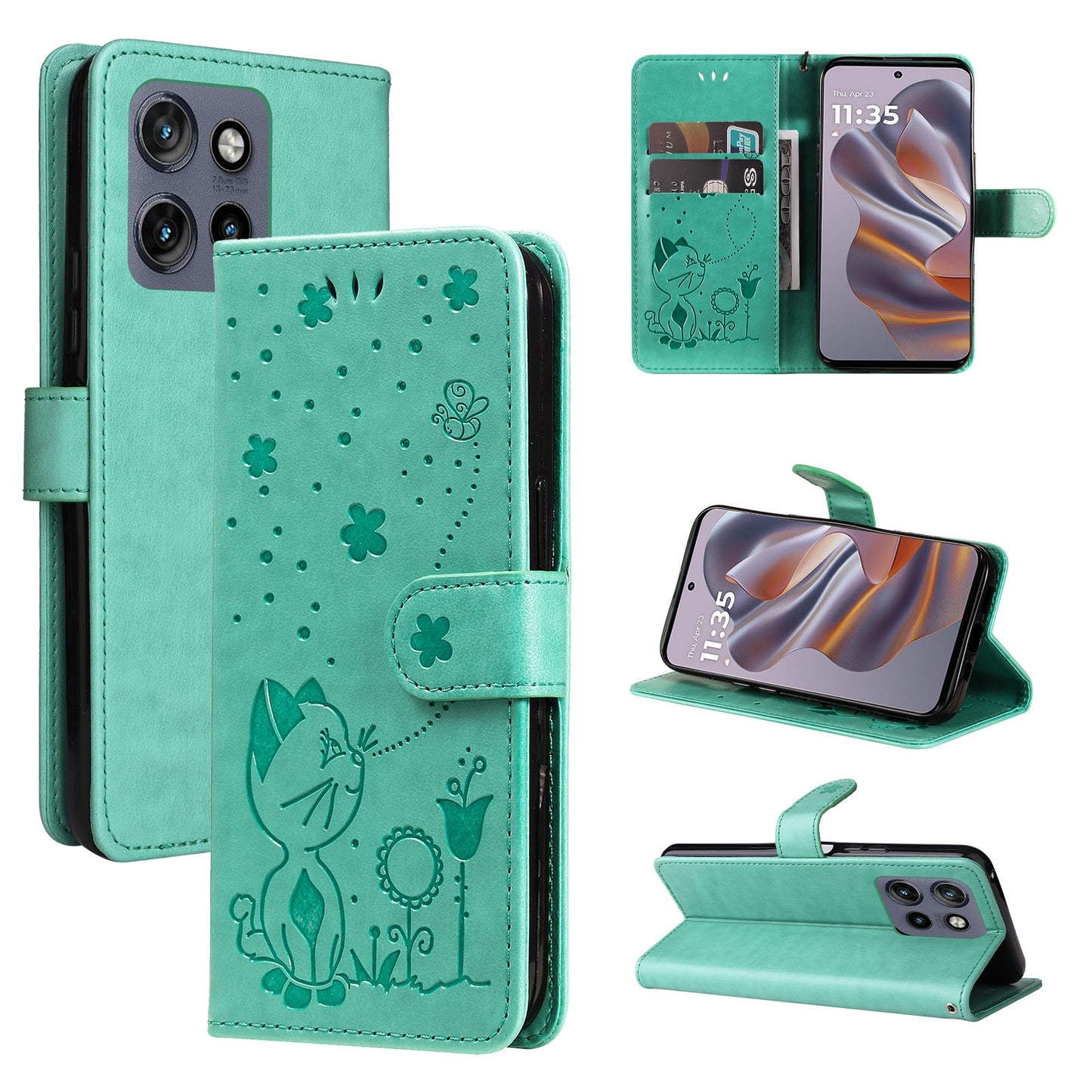 For Motorola Edge 50 Neo Cat and Bee Embossed Flip Leather Phone Case Wallet Cover with Card Slots Cash Pocket Magnetic Stand Protective Shockproof TPU PU Leather Case with Wrist Strap