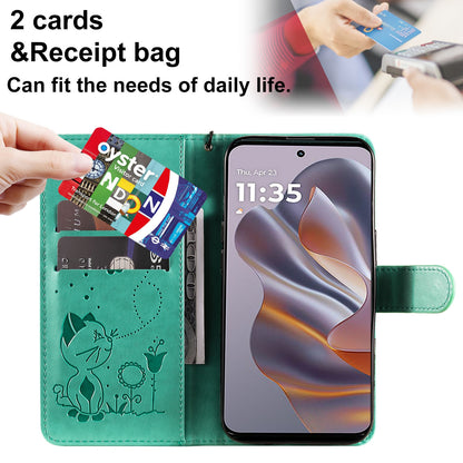 For Motorola Edge 50 Neo Cat and Bee Embossed Flip Leather Phone Case Wallet Cover with Card Slots Cash Pocket Magnetic Stand Protective Shockproof TPU PU Leather Case with Wrist Strap
