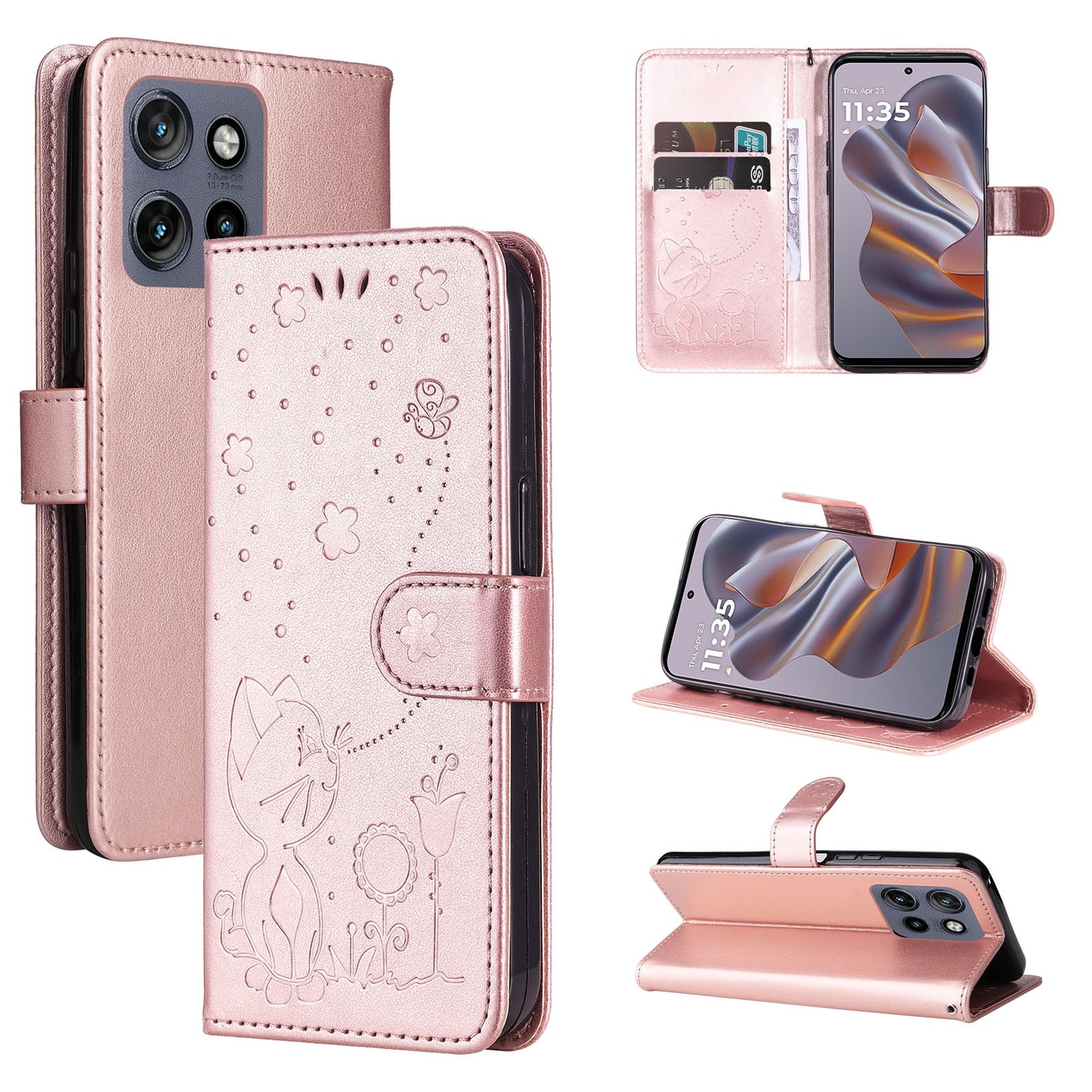 For Motorola Edge 50 Neo Cat and Bee Embossed Flip Leather Phone Case Wallet Cover with Card Slots Cash Pocket Magnetic Stand Protective Shockproof TPU PU Leather Case with Wrist Strap