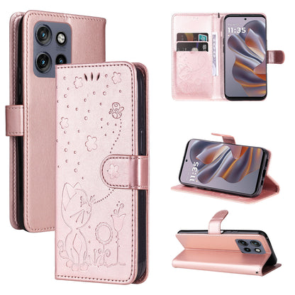 For Motorola Edge 50 Neo Cat and Bee Embossed Flip Leather Phone Case Wallet Cover with Card Slots Cash Pocket Magnetic Stand Protective Shockproof TPU PU Leather Case with Wrist Strap