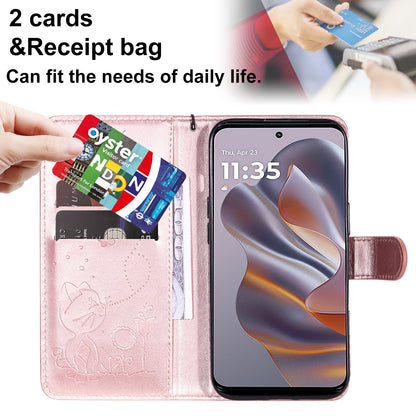 For Motorola Edge 50 Neo Cat and Bee Embossed Flip Leather Phone Case Wallet Cover with Card Slots Cash Pocket Magnetic Stand Protective Shockproof TPU PU Leather Case with Wrist Strap