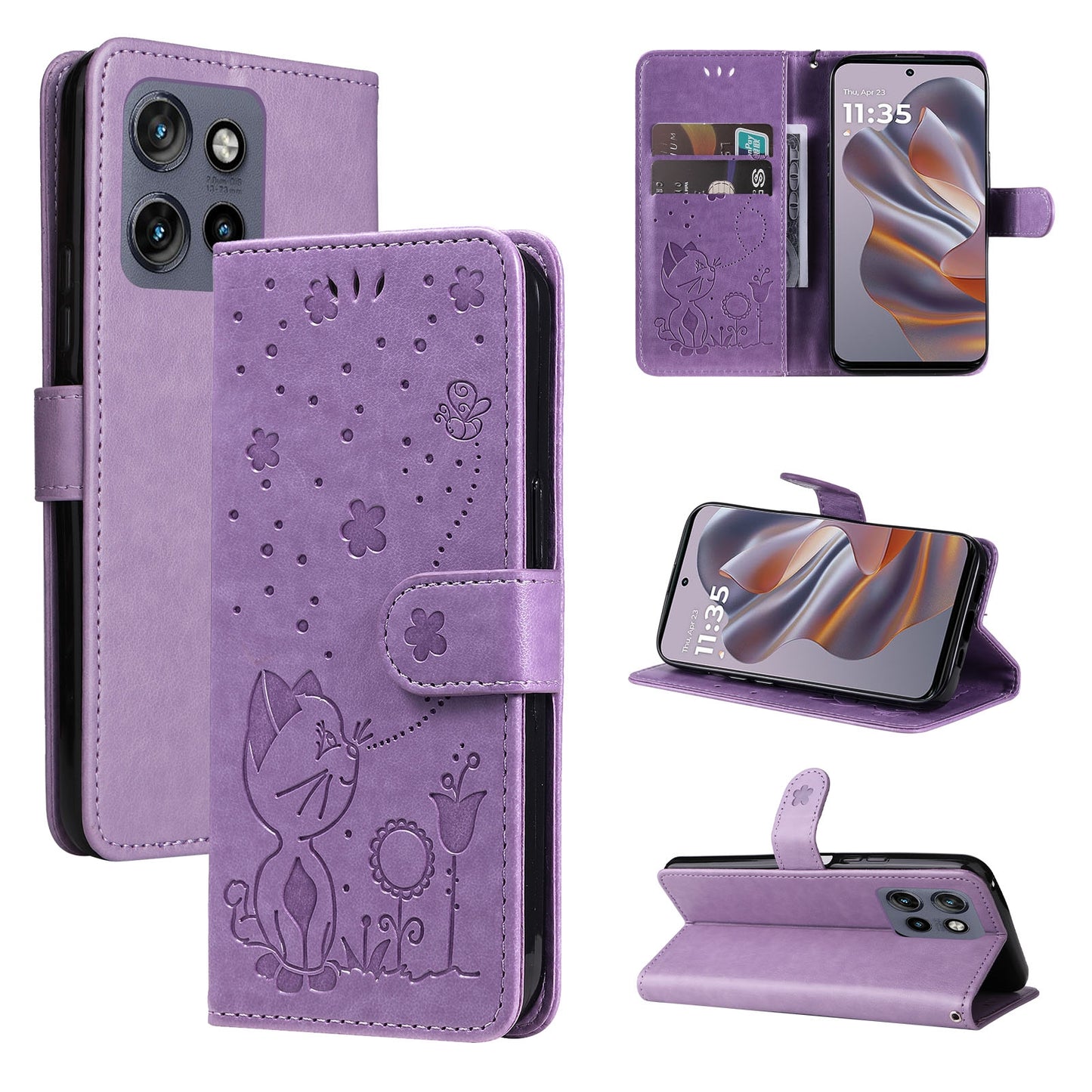 For Motorola Edge 50 Neo Cat and Bee Embossed Flip Leather Phone Case Wallet Cover with Card Slots Cash Pocket Magnetic Stand Protective Shockproof TPU PU Leather Case with Wrist Strap