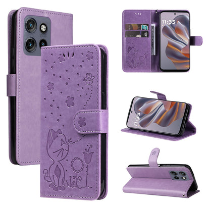 For Motorola Edge 50 Neo Cat and Bee Embossed Flip Leather Phone Case Wallet Cover with Card Slots Cash Pocket Magnetic Stand Protective Shockproof TPU PU Leather Case with Wrist Strap