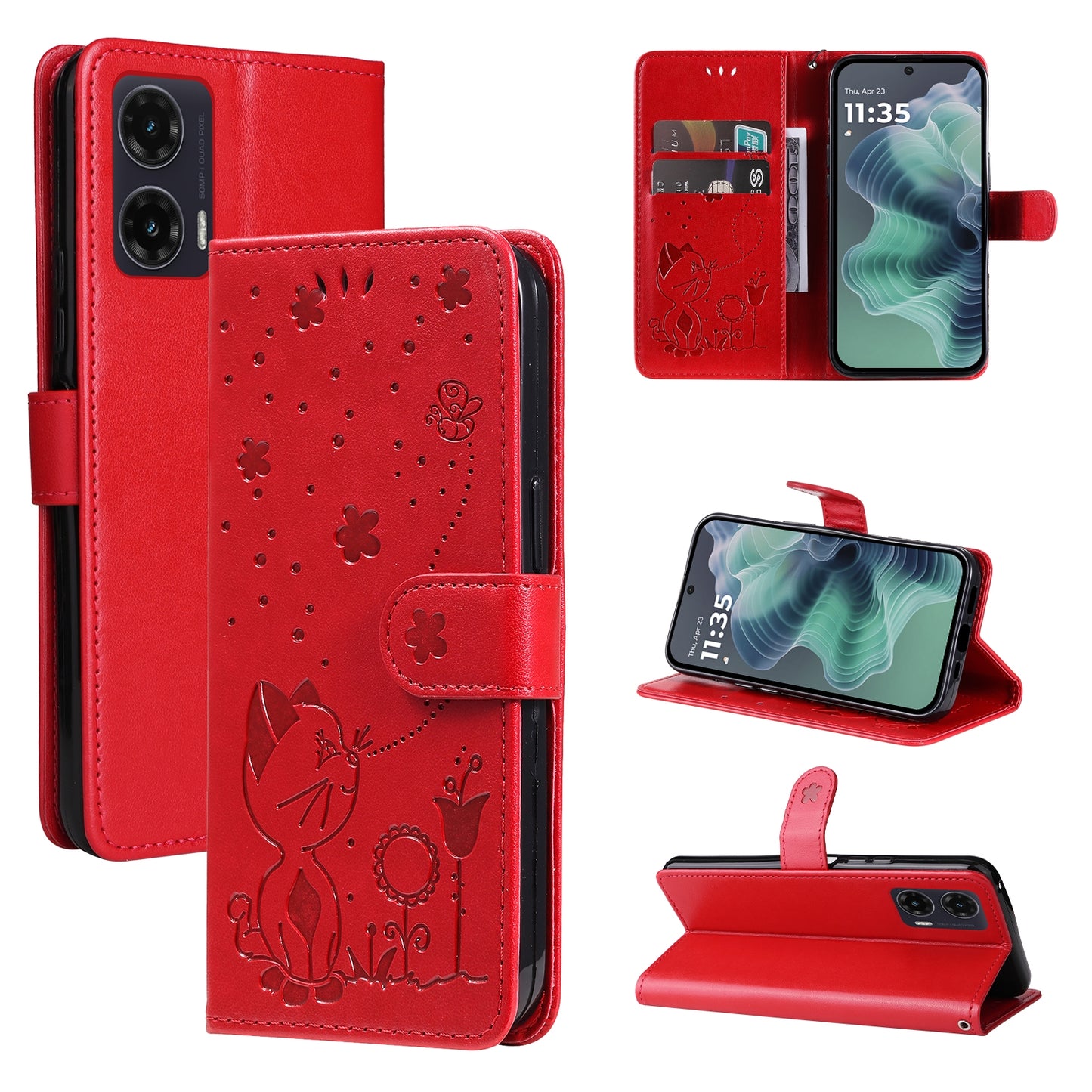For Motorola Moto G35 Cat and Bee Embossed Flip Leather Phone Case Wallet Cover with Card Slots Cash Pocket Magnetic Stand Protective Shockproof TPU PU Leather Case with Wrist Strap