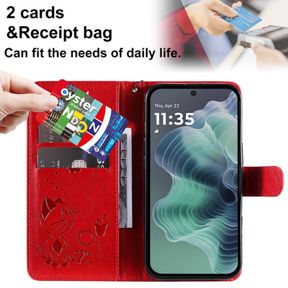 For Motorola Moto G35 Cat and Bee Embossed Flip Leather Phone Case Wallet Cover with Card Slots Cash Pocket Magnetic Stand Protective Shockproof TPU PU Leather Case with Wrist Strap
