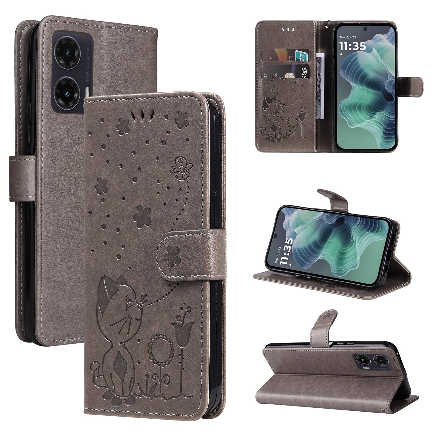 For Motorola Moto G35 Cat and Bee Embossed Flip Leather Phone Case Wallet Cover with Card Slots Cash Pocket Magnetic Stand Protective Shockproof TPU PU Leather Case with Wrist Strap