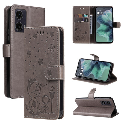 For Motorola Moto G35 Cat and Bee Embossed Flip Leather Phone Case Wallet Cover with Card Slots Cash Pocket Magnetic Stand Protective Shockproof TPU PU Leather Case with Wrist Strap