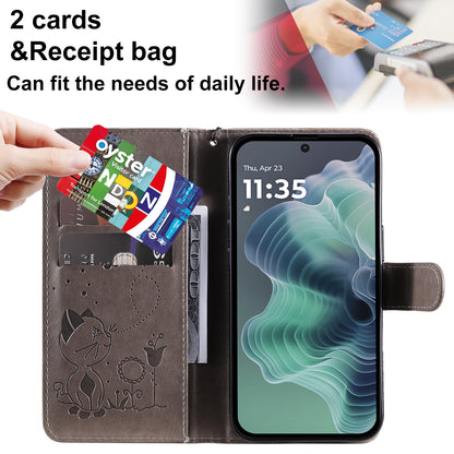 For Motorola Moto G35 Cat and Bee Embossed Flip Leather Phone Case Wallet Cover with Card Slots Cash Pocket Magnetic Stand Protective Shockproof TPU PU Leather Case with Wrist Strap