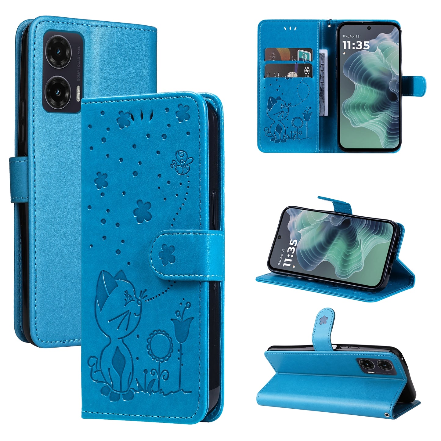 For Motorola Moto G35 Cat and Bee Embossed Flip Leather Phone Case Wallet Cover with Card Slots Cash Pocket Magnetic Stand Protective Shockproof TPU PU Leather Case with Wrist Strap