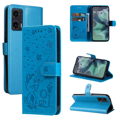 For Motorola Moto G35 Cat and Bee Embossed Flip Leather Phone Case Wallet Cover with Card Slots Cash Pocket Magnetic Stand Protective Shockproof TPU PU Leather Case with Wrist Strap