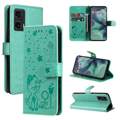 For Motorola Moto G35 Cat and Bee Embossed Flip Leather Phone Case Wallet Cover with Card Slots Cash Pocket Magnetic Stand Protective Shockproof TPU PU Leather Case with Wrist Strap