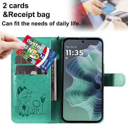 For Motorola Moto G35 Cat and Bee Embossed Flip Leather Phone Case Wallet Cover with Card Slots Cash Pocket Magnetic Stand Protective Shockproof TPU PU Leather Case with Wrist Strap