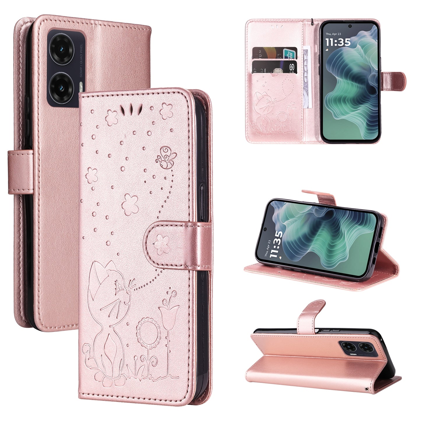 For Motorola Moto G35 Cat and Bee Embossed Flip Leather Phone Case Wallet Cover with Card Slots Cash Pocket Magnetic Stand Protective Shockproof TPU PU Leather Case with Wrist Strap