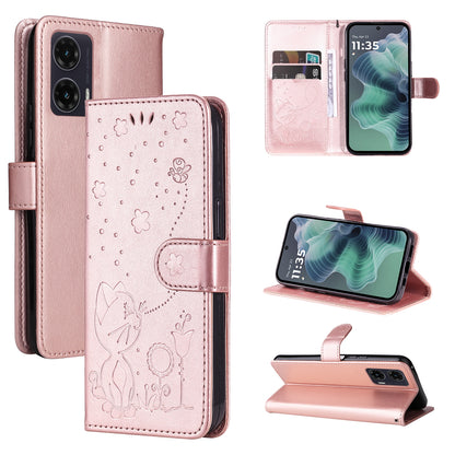 For Motorola Moto G35 Cat and Bee Embossed Flip Leather Phone Case Wallet Cover with Card Slots Cash Pocket Magnetic Stand Protective Shockproof TPU PU Leather Case with Wrist Strap