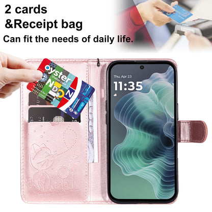 For Motorola Moto G35 Cat and Bee Embossed Flip Leather Phone Case Wallet Cover with Card Slots Cash Pocket Magnetic Stand Protective Shockproof TPU PU Leather Case with Wrist Strap