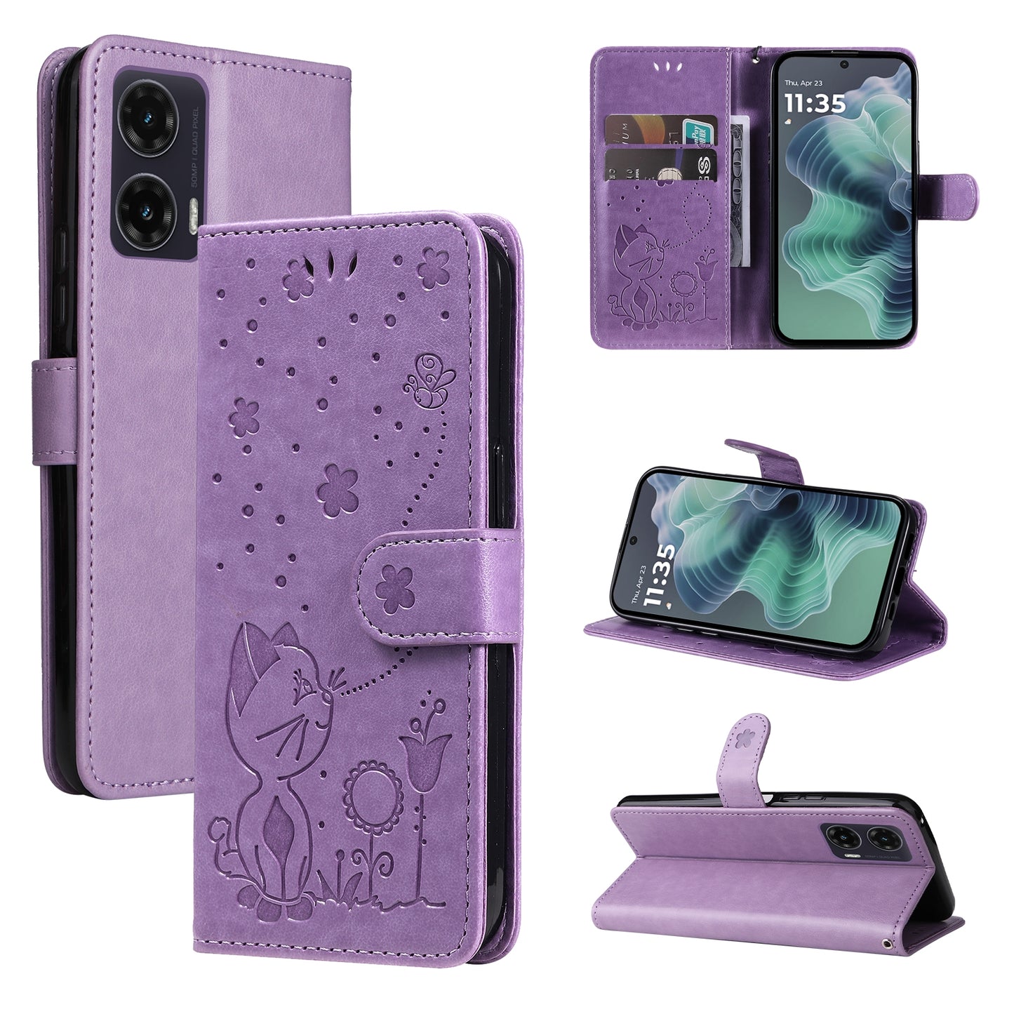 For Motorola Moto G35 Cat and Bee Embossed Flip Leather Phone Case Wallet Cover with Card Slots Cash Pocket Magnetic Stand Protective Shockproof TPU PU Leather Case with Wrist Strap