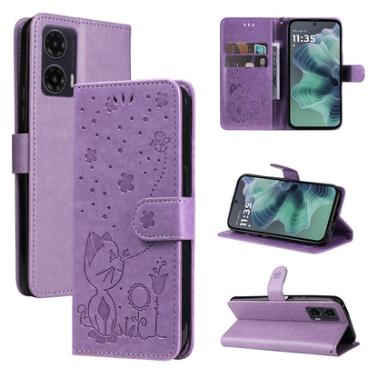 For Motorola Moto G35 Cat and Bee Embossed Flip Leather Phone Case Wallet Cover with Card Slots Cash Pocket Magnetic Stand Protective Shockproof TPU PU Leather Case with Wrist Strap