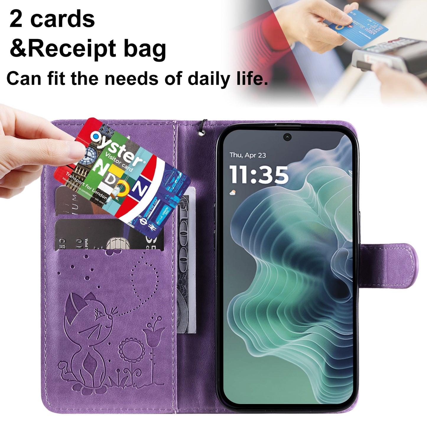 For Motorola Moto G35 Cat and Bee Embossed Flip Leather Phone Case Wallet Cover with Card Slots Cash Pocket Magnetic Stand Protective Shockproof TPU PU Leather Case with Wrist Strap