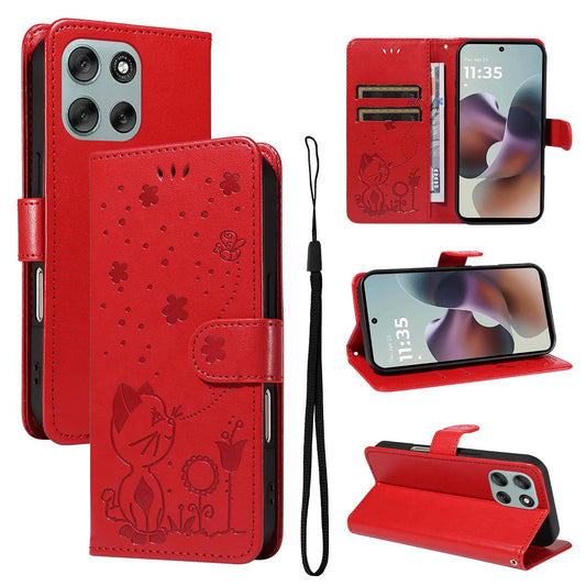 For Motorola Moto G56 5G Cat and Bee Embossed Flip Leather Phone Case Wallet Cover with Card Slots Cash Pocket Magnetic Stand Protective Shockproof TPU PU Leather Case with Wrist Strap