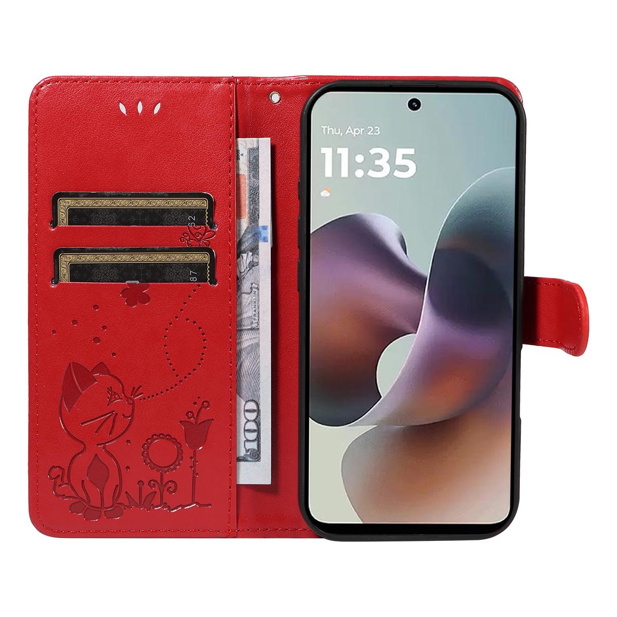 For Motorola Moto G56 5G Cat and Bee Embossed Flip Leather Phone Case Wallet Cover with Card Slots Cash Pocket Magnetic Stand Protective Shockproof TPU PU Leather Case with Wrist Strap