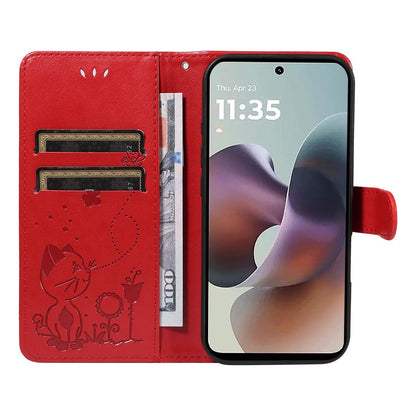 For Motorola Moto G56 5G Cat and Bee Embossed Flip Leather Phone Case Wallet Cover with Card Slots Cash Pocket Magnetic Stand Protective Shockproof TPU PU Leather Case with Wrist Strap