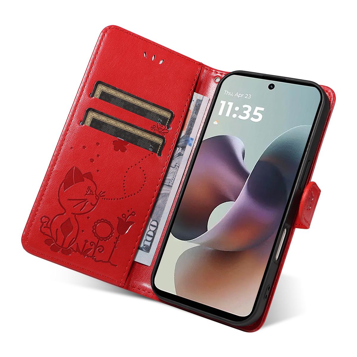 For Motorola Moto G56 5G Cat and Bee Embossed Flip Leather Phone Case Wallet Cover with Card Slots Cash Pocket Magnetic Stand Protective Shockproof TPU PU Leather Case with Wrist Strap