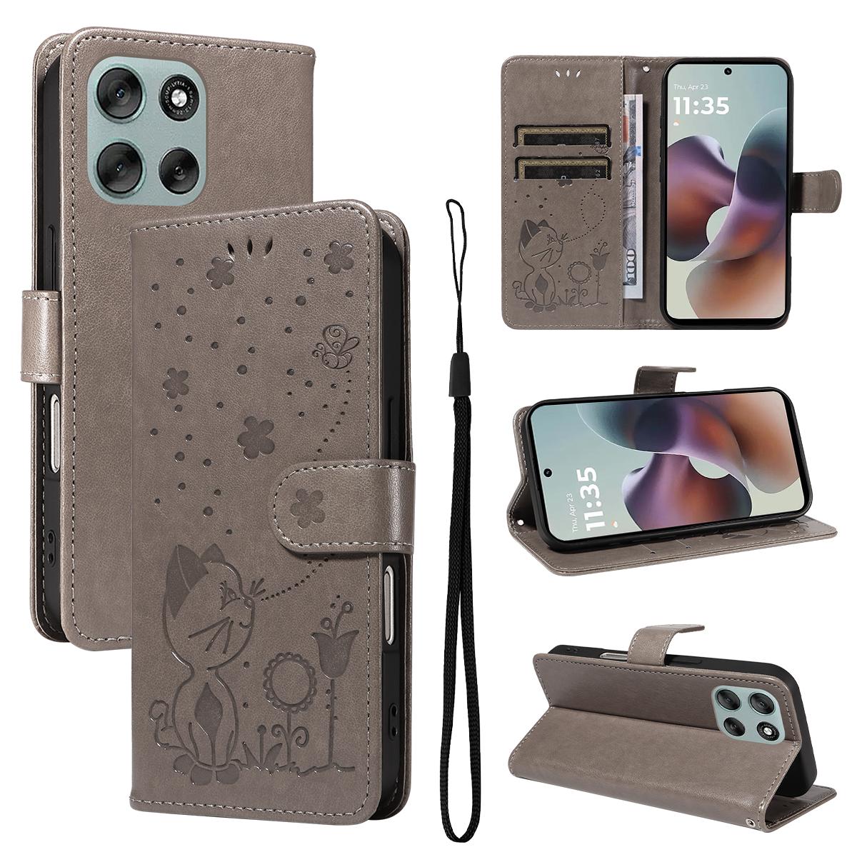 For Motorola Moto G56 5G Cat and Bee Embossed Flip Leather Phone Case Wallet Cover with Card Slots Cash Pocket Magnetic Stand Protective Shockproof TPU PU Leather Case with Wrist Strap
