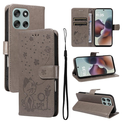 For Motorola Moto G56 5G Cat and Bee Embossed Flip Leather Phone Case Wallet Cover with Card Slots Cash Pocket Magnetic Stand Protective Shockproof TPU PU Leather Case with Wrist Strap