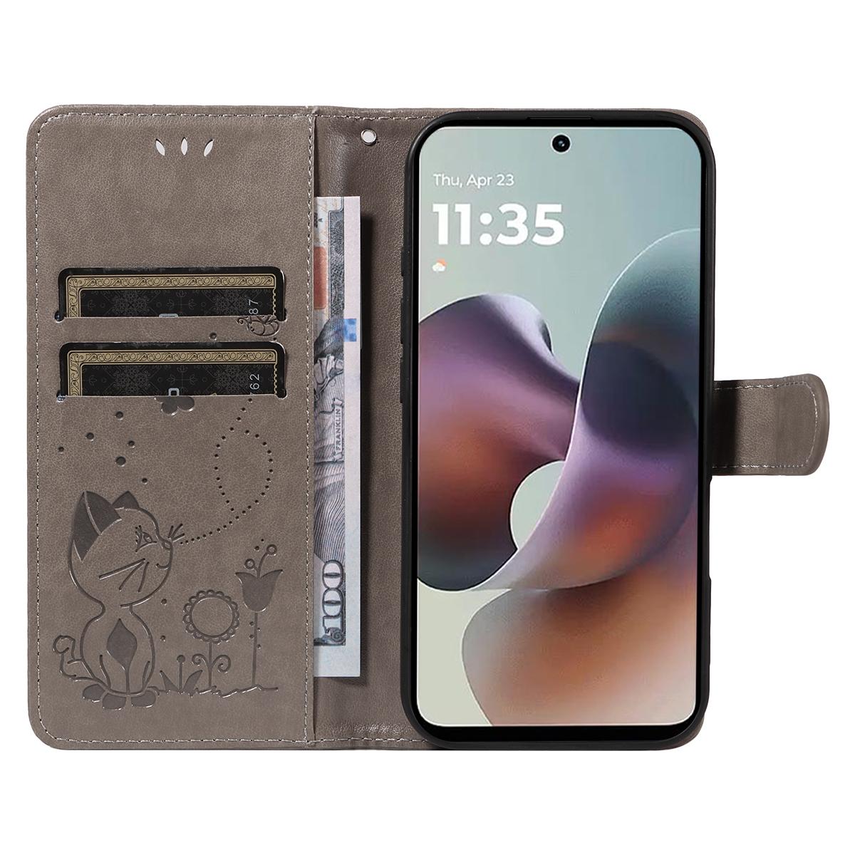 For Motorola Moto G56 5G Cat and Bee Embossed Flip Leather Phone Case Wallet Cover with Card Slots Cash Pocket Magnetic Stand Protective Shockproof TPU PU Leather Case with Wrist Strap